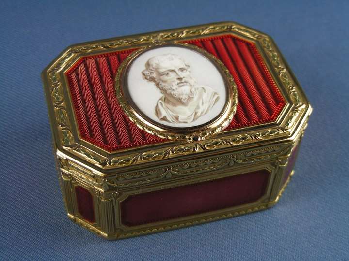 Louis XV rectangular cut corner enamelled gold box